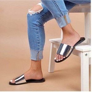 !! NEW !! Metallic Silver Slide Sandals with Studded Detail